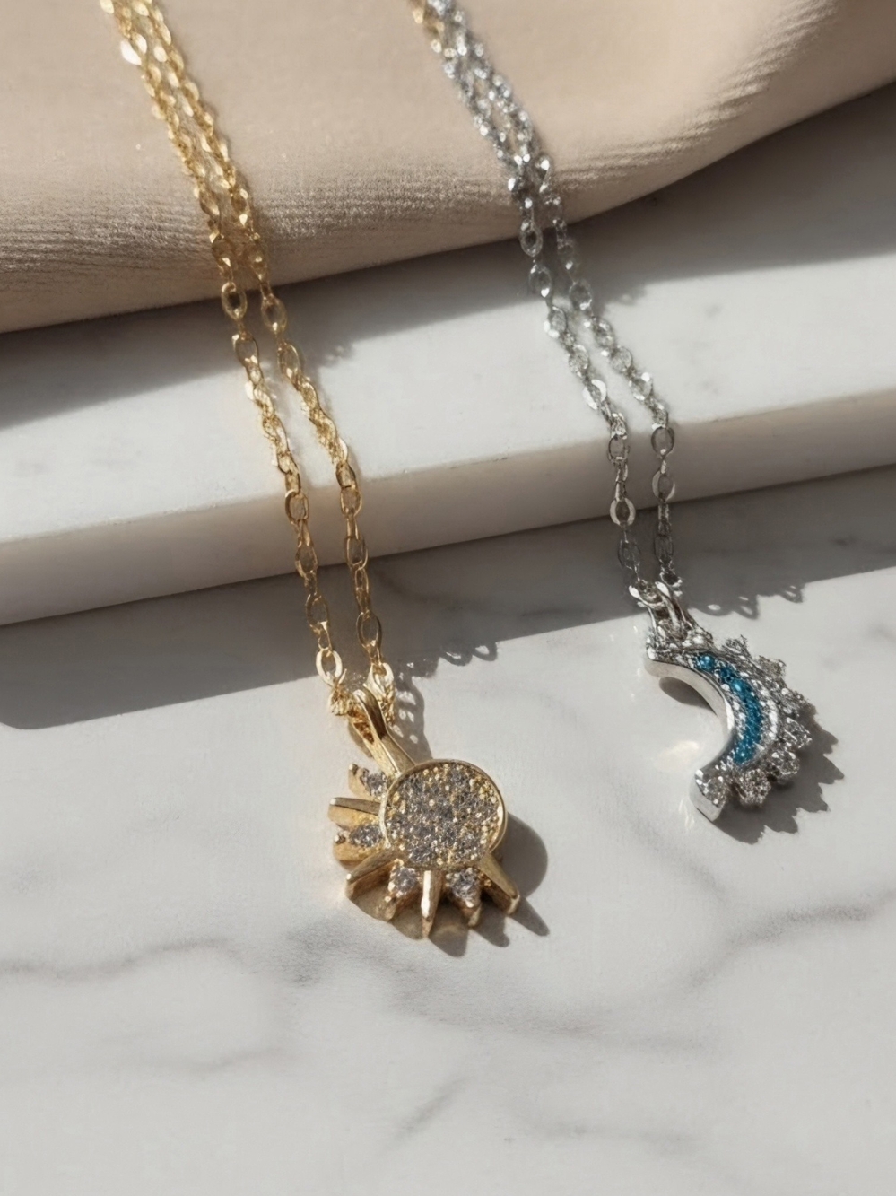 Gold Tone Sun & Silver Plated Crescent Moon Pendant Necklaces - Dual Pack